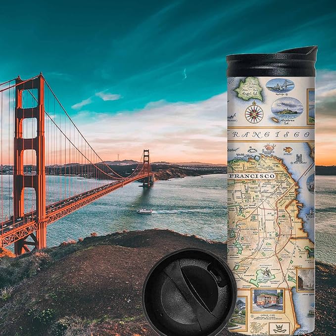 Xplorer Maps San Francisco Bay Map 16 Oz Travel Drinkware with Spill-Resistant Lid - Stainless Steel Vacuum Insulated Coffee Tumbler