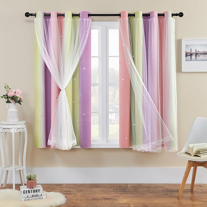 XiDi Curtains for Bedroom Decor, Rainbow Pink PurpleYellow52/54/1 by Addsomecolortolife
