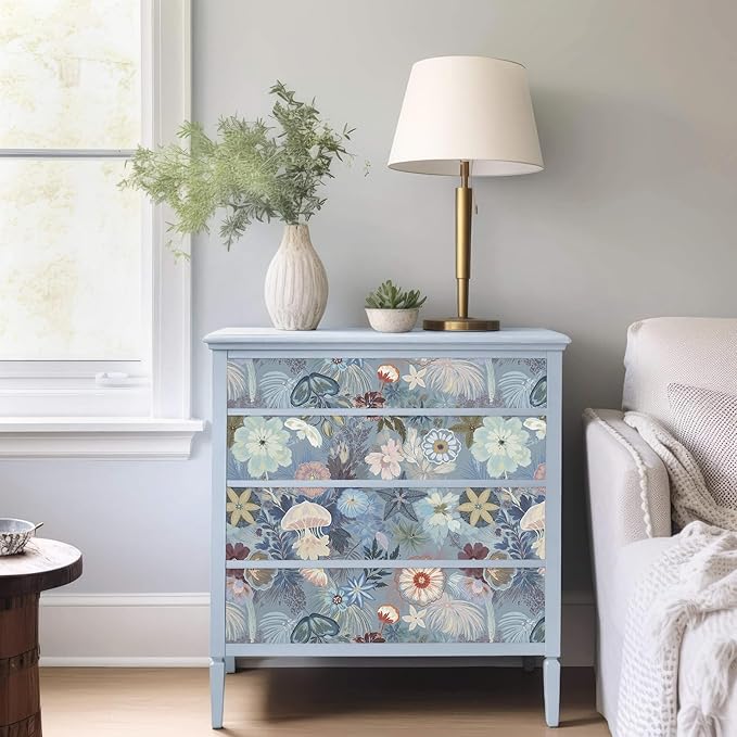 Ismoon Floral Peel and Stick Wallpaper Vintage Blue Contact Paper Jellyfish - Image 8