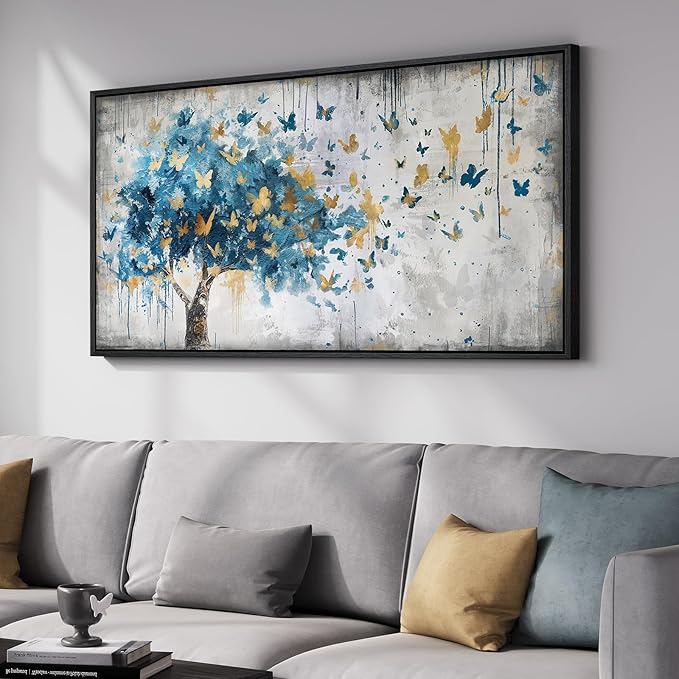 Framed Large Tree Wall Art, Modern Golden Butterfly Picture - Image 2
