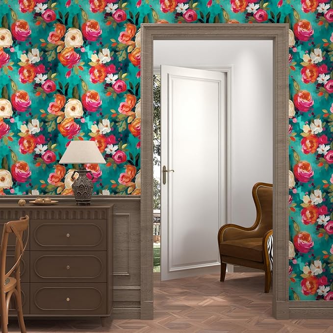 BOKEBEVE Watercolour Floral Peel and Stick Wallpaper Boho Vibrant Contact Paper - Image 2