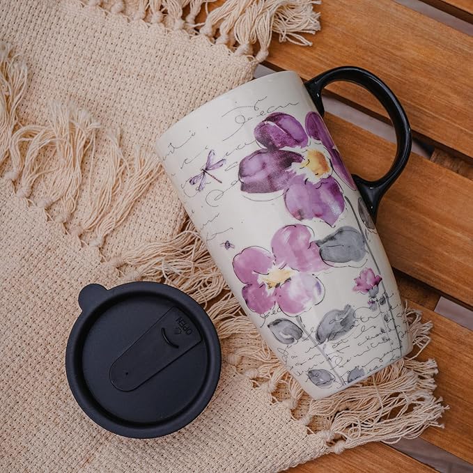 Topadorn Christmas Ceramic Mug Coffee Mugs with Lid and Gift Box for Holiday Party Latte Mug, 17oz. Purple Flower