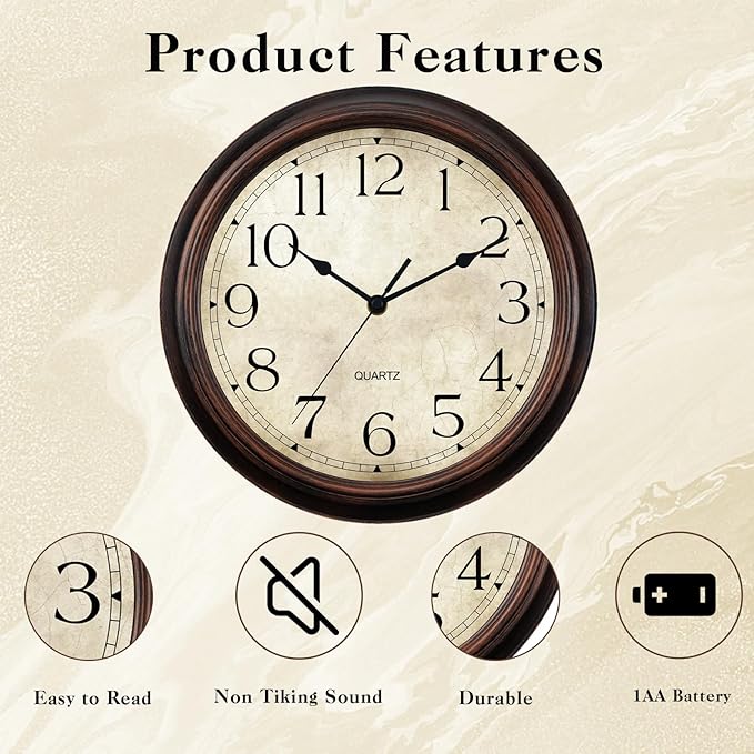 KECYET Wall Clock Battery Operated Vintage Silent Non-Ticking Analog Wall - Image 6