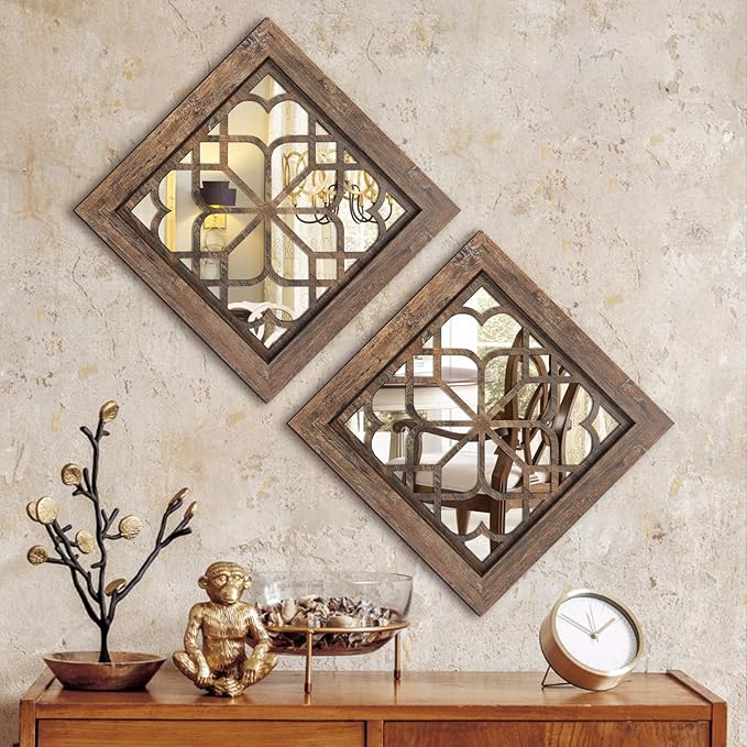 Boho Wall Mirror Decor, Square Shatterproof Vintage Style Mirrors by HMANGE