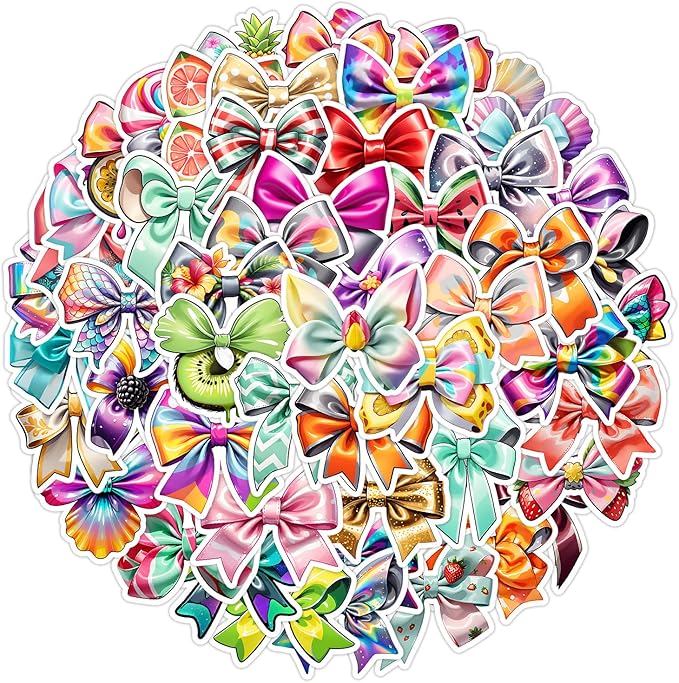 Cute Colorful Bow Stickers 50Pcs Vinyl Trendy Bows Stickers for Water Bottle Scrapbook Laptop Luggage Helmet Bike Motorcycle Skateboard,Waterproof Funny Aesthetic Decals for Teens Girls Women