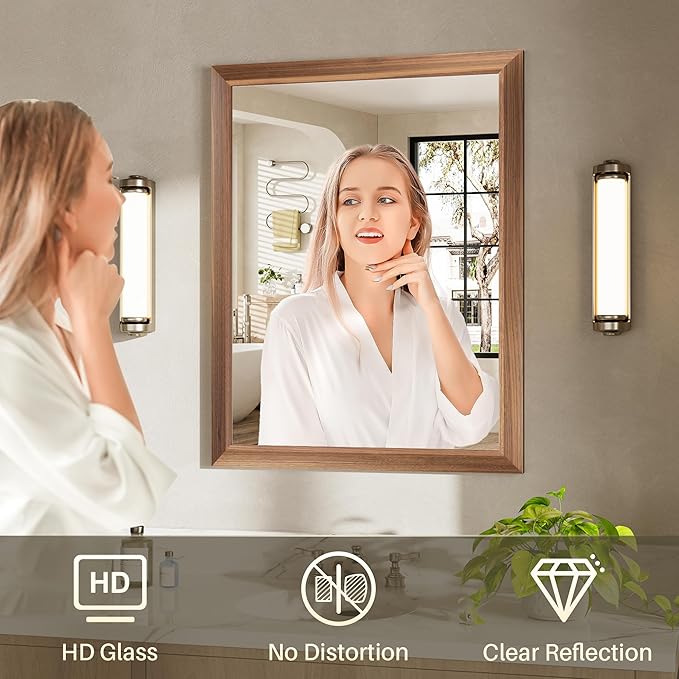 24x32 Inch Bathroom Mirror for Wall, Anti-Rust Walnut Wood Grain Metal Framed - Image 6