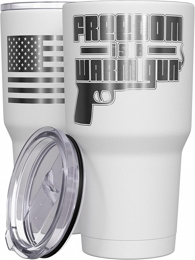 We The People Holsters - Freedom Is A Warm Gun - Coffee Tumbler - American Flag Coffee Travel Mug - Engraved Tumbler - Double Insulated Tumbler - 30 oz