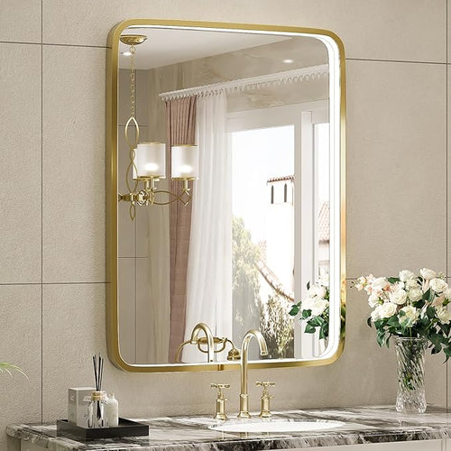 20X28 Inch Framed LED Lighted Bathroom Mirror, Wall Mounted Gold Metal Vanity by FTOTI