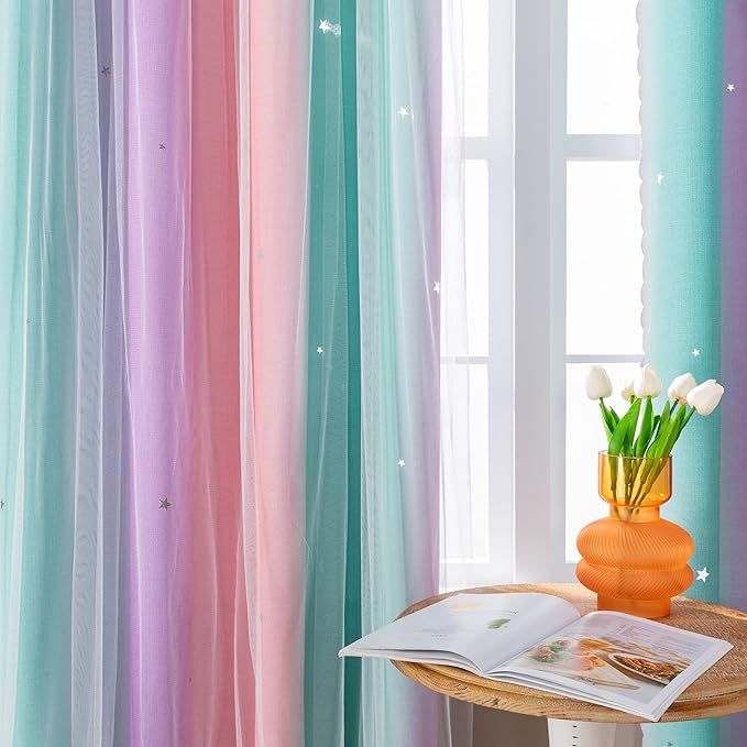 XiDi Curtains for Bedroom Decor, Rainbow Pink Purple Green 34/79/1 - Image 3