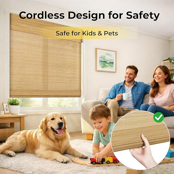 UNISHADES No Drill Cordless Bamboo Roman Shades, Light Filtering Woven Natural - Image 5