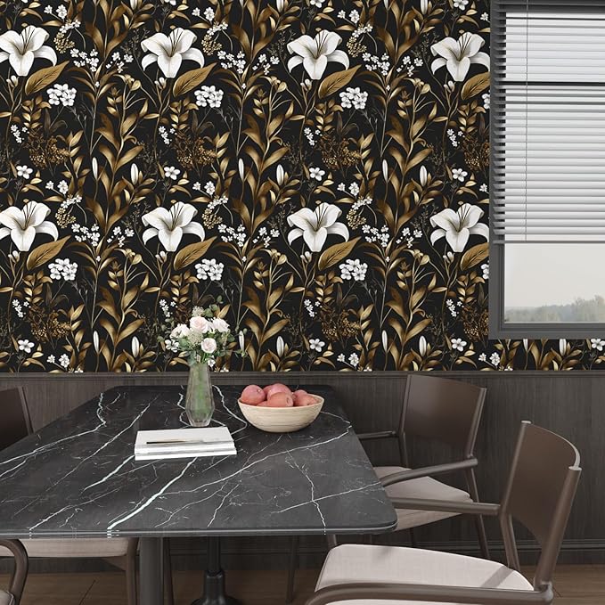 Laatse White Floral Wallpaper Peel and Stick, Dark Golden Botanical Wall Paper - Image 6