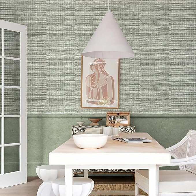 HueBurst Green Grasscloth Peel and Stick Wallpaper 17.3" x 394" Renter Friendly - Image 2