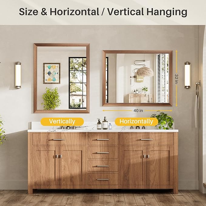 40x32 Inch Bathroom Mirror for Wall, Anti-Rust Walnut Wood Grain Metal Framed - Image 7