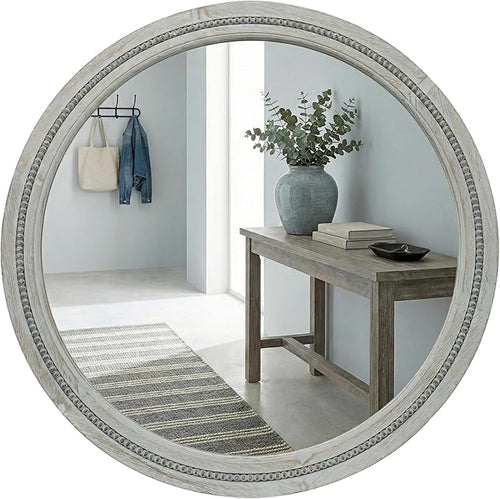30 Inch Round Farmhouse Mirror for Bathroom Vanity, Distressed Grey Solid Wood by Pocetry