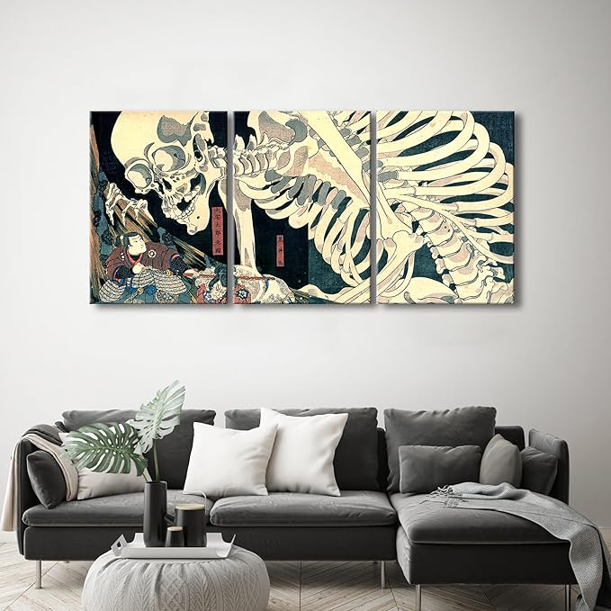 Wieco Art 3 Piece Witch and Skeleton Ukiyo-E by Utagawa Takiyasha Historic - Image 3