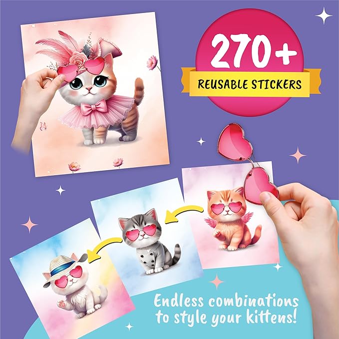 Sticker Dress Up Kitten - Kids Activity Book Learn Fashion Design for Kitten with Guides and 270+ Reusable Stickers. Christmas Gift for Girls Ages 5,6,7,8