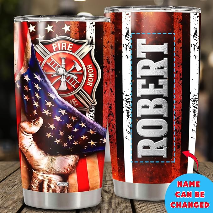 WAZONE Personalized Firefighter Tumbler With Lid Customize Name 20oz 30oz Travel Mug Double Wall Vacuum Stainless Steel Insulated Cup Novelty Birthday Christmas Gift for Man Father Fireman