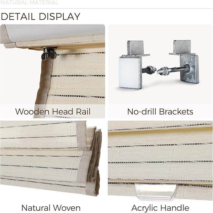 TWOPAGES Natural Woven No Drill Roman Shades, Custom Cordless Light Filtering - Image 4