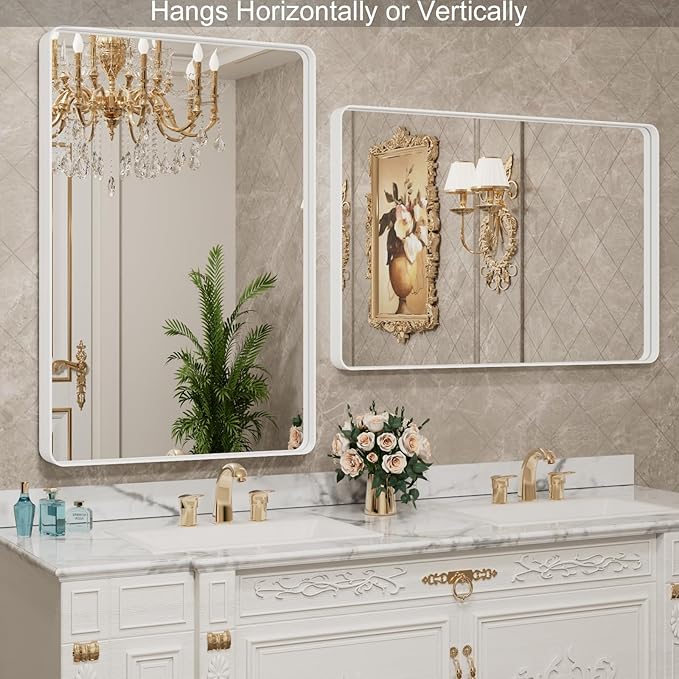 LOAAO 28x36 Inch White Metal Framed Bathroom Mirror - Image 3