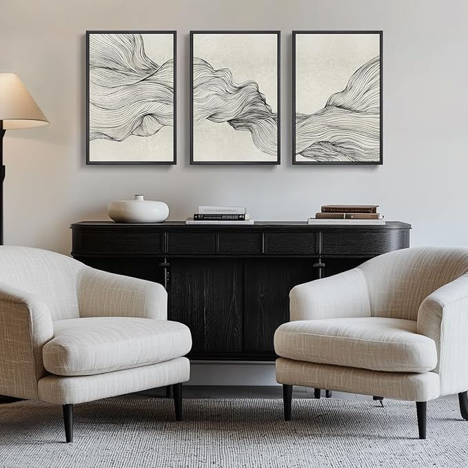 Framed Black and Beige Abstract Wall Art, 3 Piece Modern Canvas Prints by Cuspin