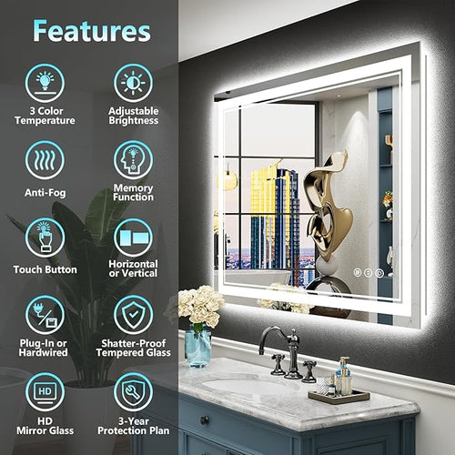 44x36 LED Bathroom Mirror with Lights, Backlit and Front Lit Anti-Fog Lighted - Image 2