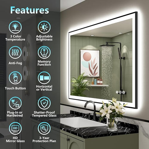 48x40 Black Framed LED Bathroom Mirror - Image 2