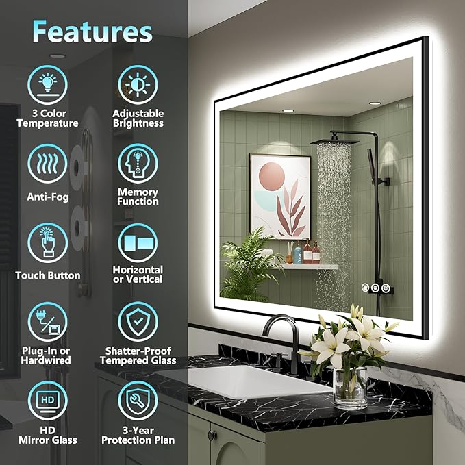 48x32 Black Framed LED Bathroom Mirror - Image 2