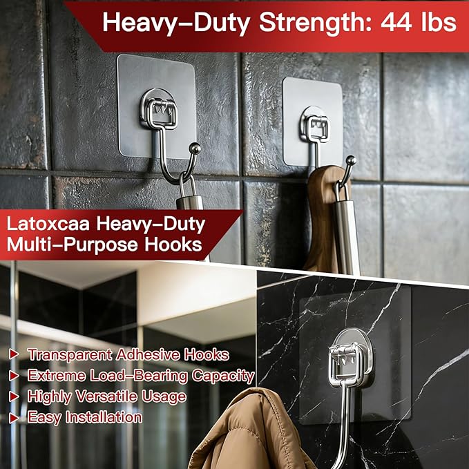 Latoxcaa Large Adhesive Hooks 12-Pack, Heavy Duty Wall Hooks - Image 2
