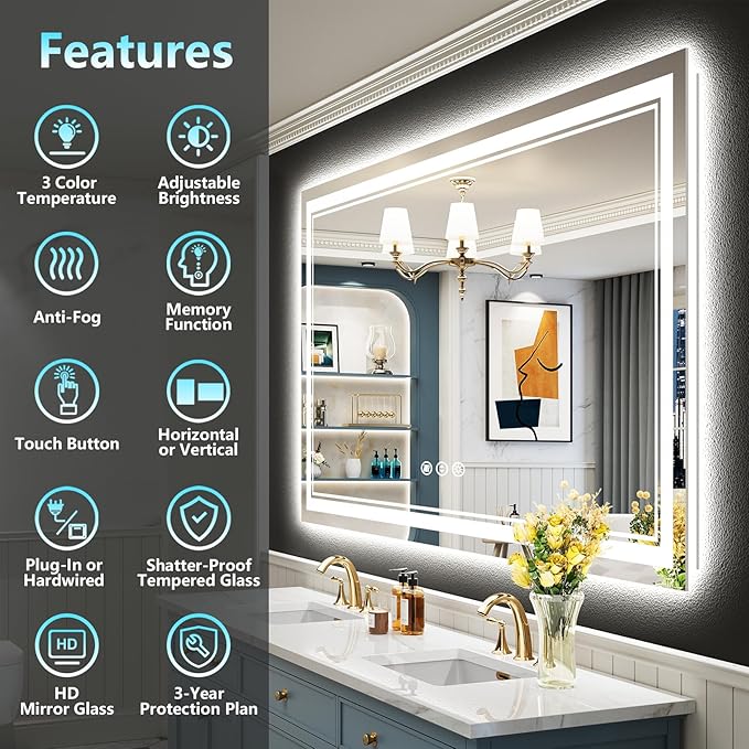 55x40 LED Bathroom Mirror with Lights, Backlit and Front Lit Anti-Fog Lighted - Image 2