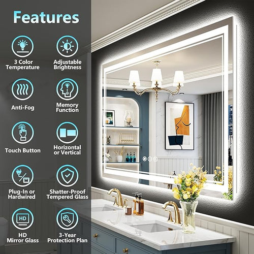 50x36 LED Bathroom Mirror with Lights, Backlit and Front Lit Anti-Fog Lighted - Image 2