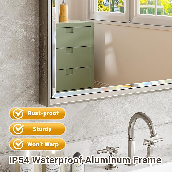 Brushed Nickel Bathroom Mirror, 24x36 Inch Beveled Framed Bathroom Mirror - Image 4