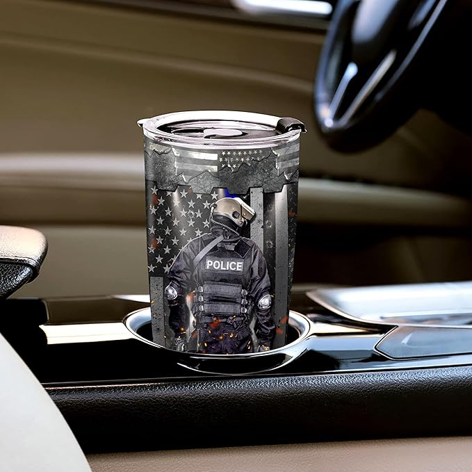 WAZONE Personalized Police Officer Stainless Steel Tumbler 20oz 30oz Custom Name Insulated Cup Travel Mug Policeman Gifts Things For Cops Law Enforcement Stuff For Officers