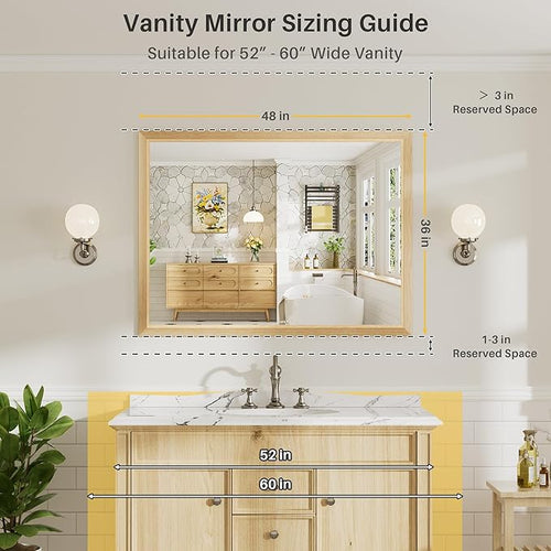 48x36 Inch Bathroom Mirror for Wall, Anti-Rust Oak Wood Grain Metal Framed - Image 2
