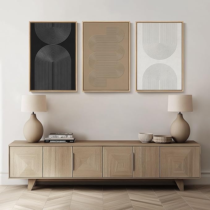 Large Framed Black and White Neutral Abstract Wall Art, 3 Piece Minimalist - Image 4
