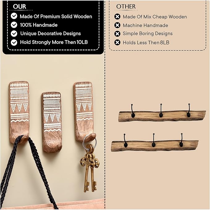 IndianShelf 10 LB- 12 Pieces Decorative Wood Adhesive Wall Hooks–Boho Peel and - Image 3