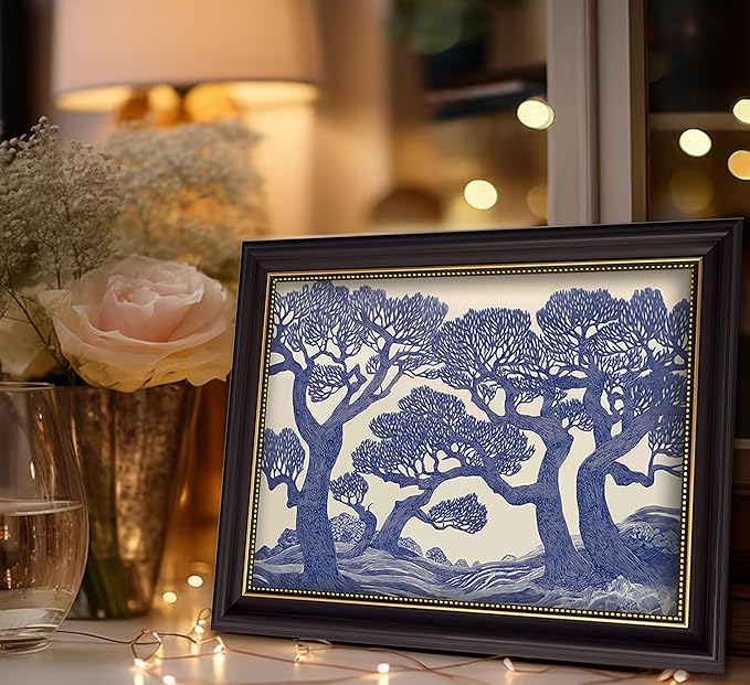 Vintage Gold Framed Wall Art Oak Tree Forest Painting Canvas Prints Blue - Image 6
