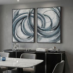 Framed Blue Gray Abstract Wall Art Set of 2, Modern Circle Line Canvas Artwork - Image 2