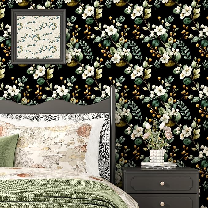 Black Floral Wallpaper Peel and Stick, Vintage Dark Green Leaves - Image 2