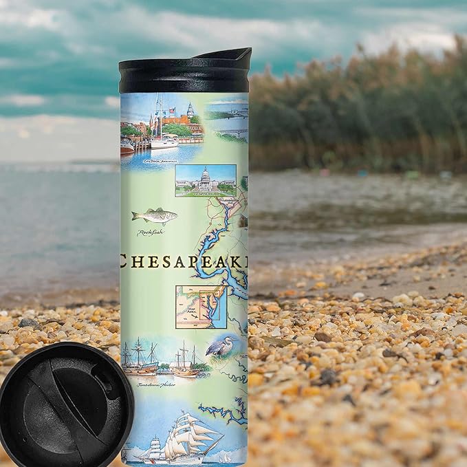 Xplorer Maps Chesapeake Bay Map 16 Oz Travel Drinkware with Spill-Resistant Lid - Stainless Steel Vacuum Insulated Coffee Tumbler