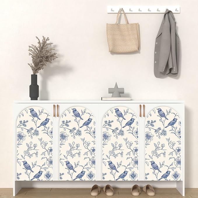 Beige Wallpaper Peel and Stick Blue Floral Bird Vintage Contact Paper 17.5" x - Image 7