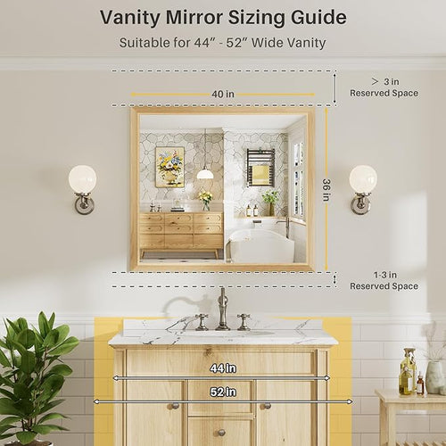 40x36 Inch Bathroom Mirror for Wall, Anti-Rust Oak Wood Grain Metal Framed - Image 2