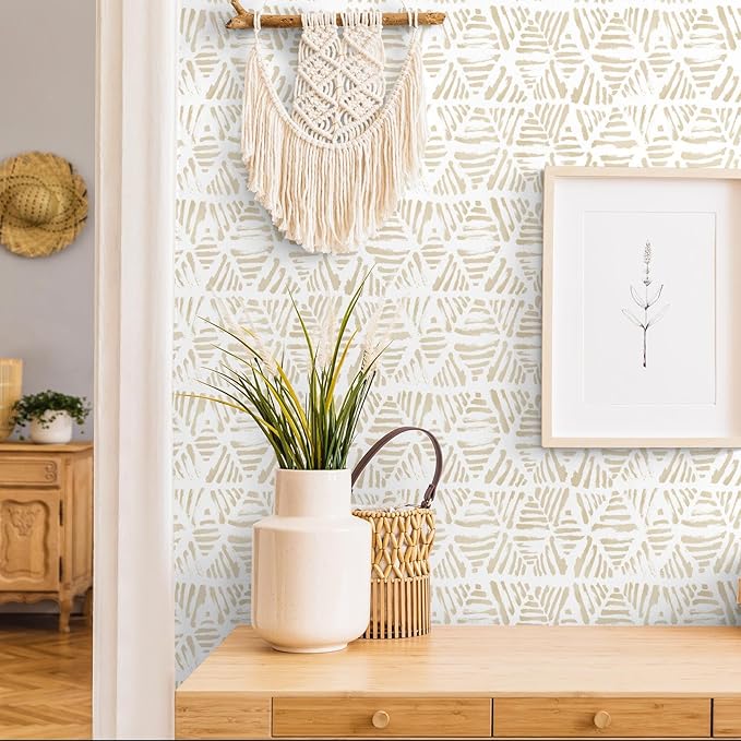 Peel and Stick Wallpaper Boho Wall Paper Geometric Beige and White Contact - Image 7