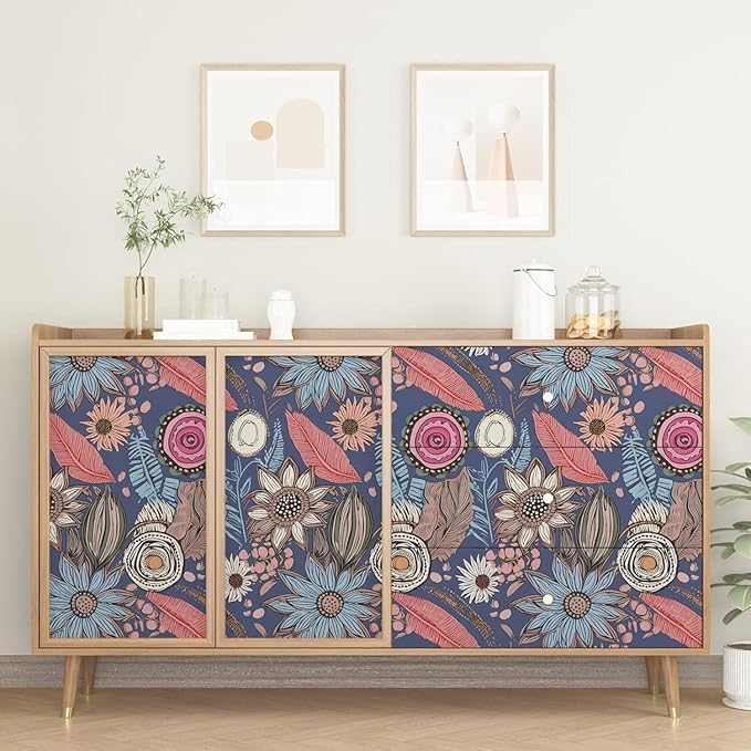 Blue Pink Wallpaper Peel and Stick, Vintage Boho Floral Contact Paper 17.5" x - Image 3