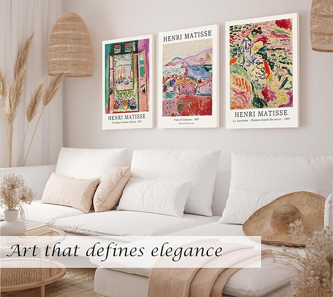 Induslyfe Large Framed Retro Vintage Wall Art Canvas Decor Set of 3, Matisse - Image 3