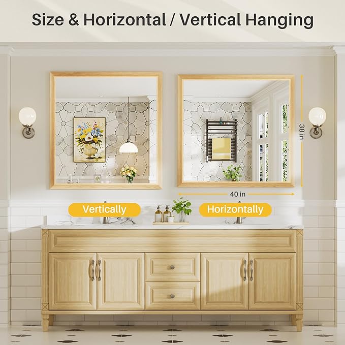 40x38 Inch Bathroom Mirror for Wall, Anti-Rust Oak Wood Grain Metal Framed - Image 7