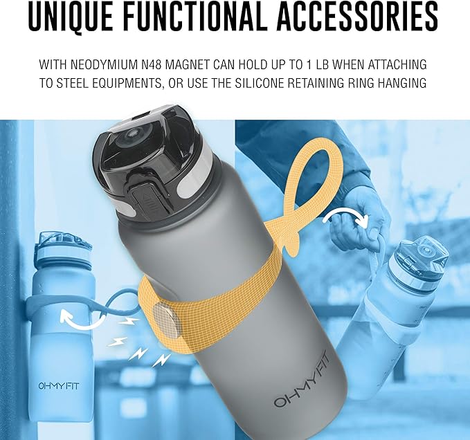Tritan Sports Water Bottle with Magnetic Silicone Carry Strap & One Click Open Cap - Magnetic Drink Holder for Metal Equipment - Bottle w/Straps for Backpack, Belt & More (30oz, Sky Blue)