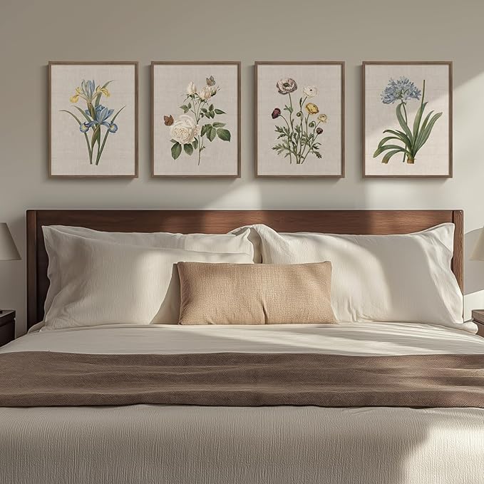 Framed Botanical Floral Wall Art, 4 Piece Vintage Flower Canvas Painting Prints - Image 2