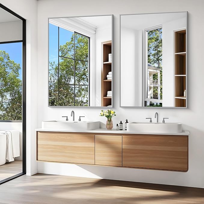 KOCUUY Silver Bathroom Mirror, HD Tempered Glass, Anti-Rust Brushed Silver Frame - Image 8
