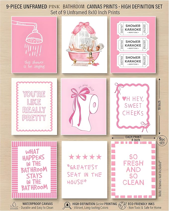 tgguytiy 9Pcs Pink Bow Bathroom Wall Art Prints, Coquette Bowknot Aesthetic - Image 3