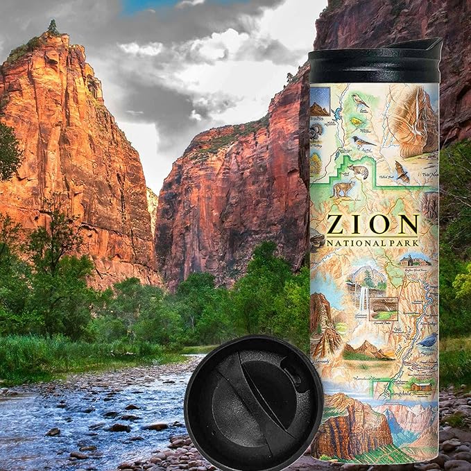 Xplorer Maps Zion National Park Map 16 Oz Travel Drinkware with Spill-Resistant Lid - Stainless Steel Vacuum Insulated Coffee Tumbler
